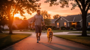 Dog barking at night on a sunset neighborhood walk