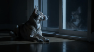 Dog barking at night by a dark window