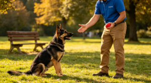 Dog trainer demonstrating cost of dog training in park
