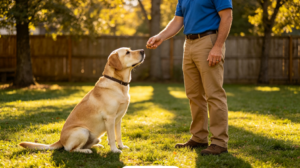 Trainer rewarding Labrador during cost of dog training