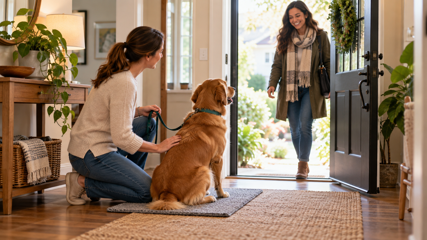 dog jumping on guests
